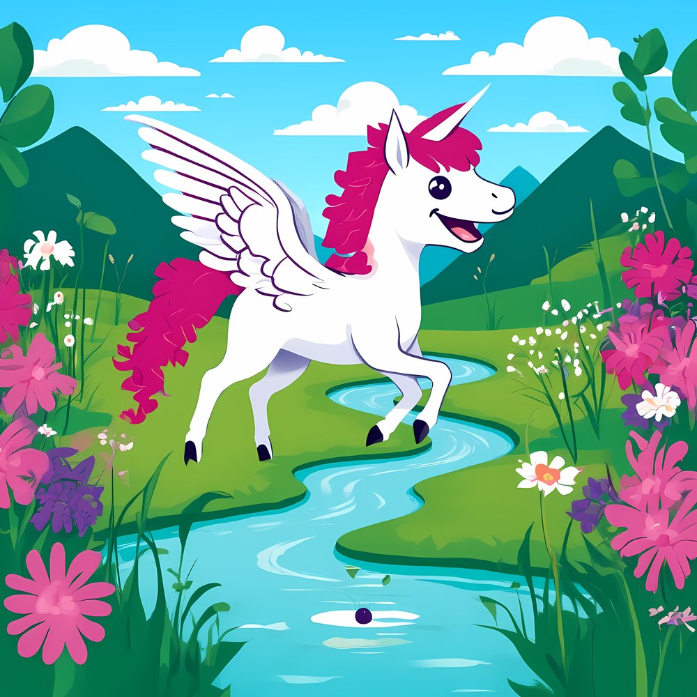 Artwork from The Lil Unicorn: a small white winged unicorn with a pink mane leaping over a stream in a flower meadow